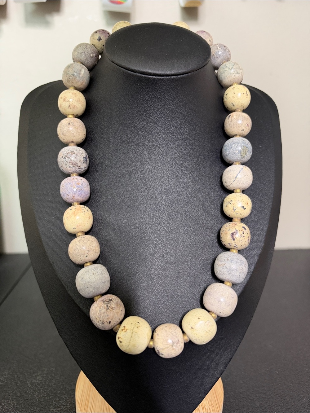 Natural Jasper Southwestern Beaded Necklace Beige Gray Heavy Cold